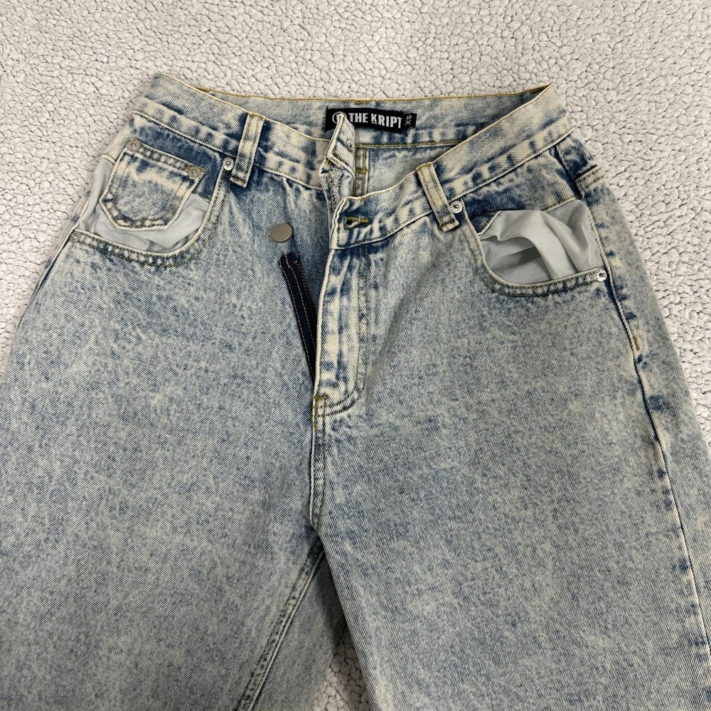The Kript Blue Acid Wash Distressed Wide Leg Jeans Asymmetric Fly XS